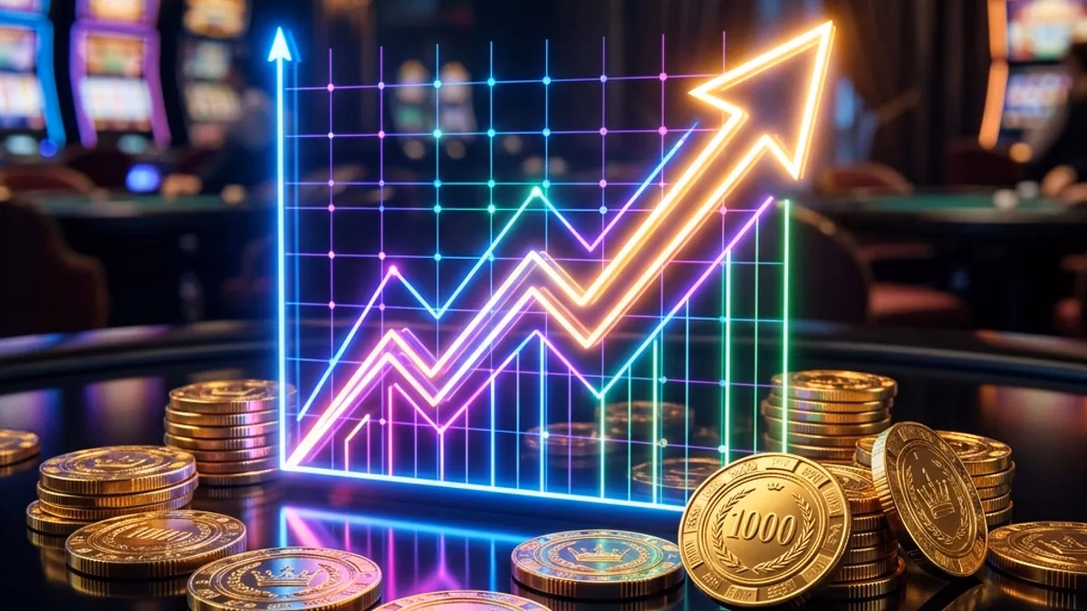 Digital neon upward trending graph with casino chips